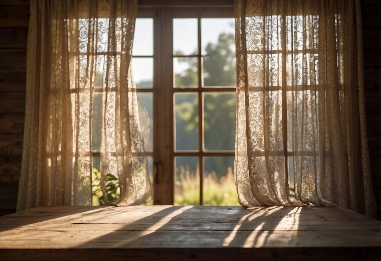 Sunlight filters through lace curtains onto a rustic farmhouse table. A gentle breeze causes the curtains to sway, revealing a view of rolling hills