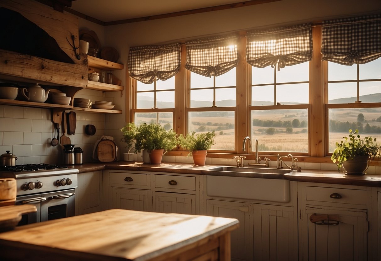 A cozy farmhouse kitchen with gingham tie-up shades, sunlight streaming through, rustic decor, and a view of the countryside