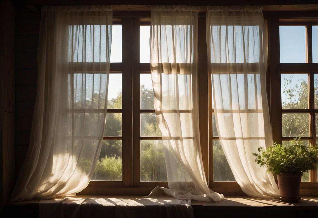 Sheer voile panels hang from rustic farmhouse windows, gently billowing in the breeze. Sunlight filters through the delicate fabric, casting a soft, ethereal glow in the room