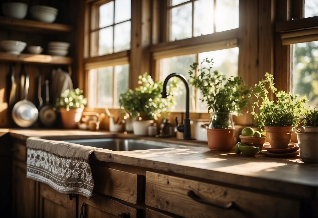 A rustic farmhouse kitchen with sunlight filtering through embroidered tiers on a window, casting a warm, cozy glow on the vintage decor