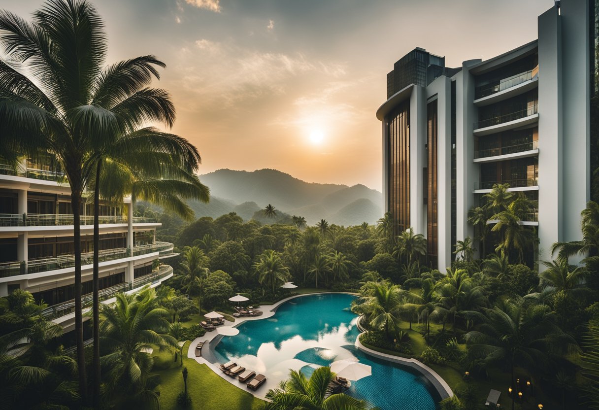 Lush greenery surrounds modern hotel buildings in Malaysia, with towering palm trees and a picturesque pool area. The sun sets behind the mountains, casting a warm glow over the luxurious accommodations