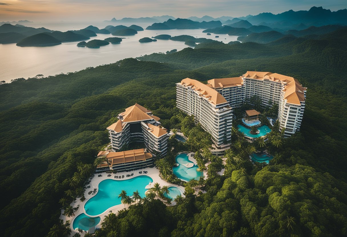 Aerial view of 7 luxury hotels in Malaysia surrounded by lush greenery and pristine beaches, with crystal clear waters and vibrant sunsets in the background