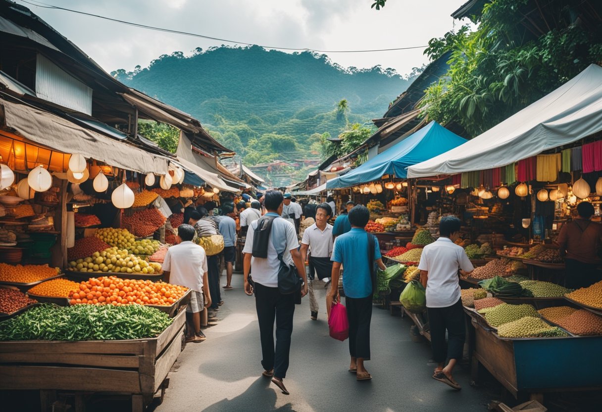 A vibrant street market in Malaysia with colorful stalls and traditional architecture, surrounded by lush greenery and bustling with locals and tourists