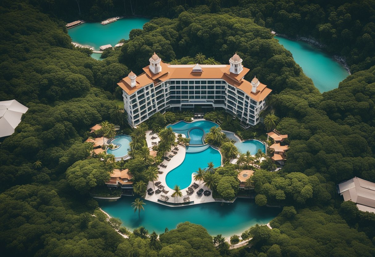 Aerial view of 7 luxurious hotels in Malaysia, surrounded by lush greenery and sparkling blue waters, with guests enjoying various activities and attractions nearby