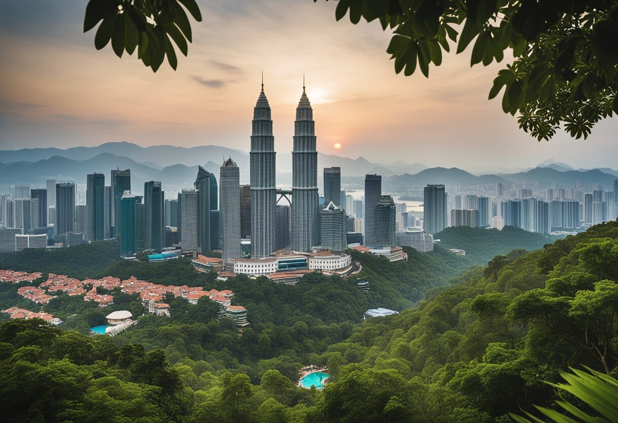 A bustling city skyline with iconic landmarks, surrounded by lush greenery and pristine beaches, showcasing the best hotels in Malaysia