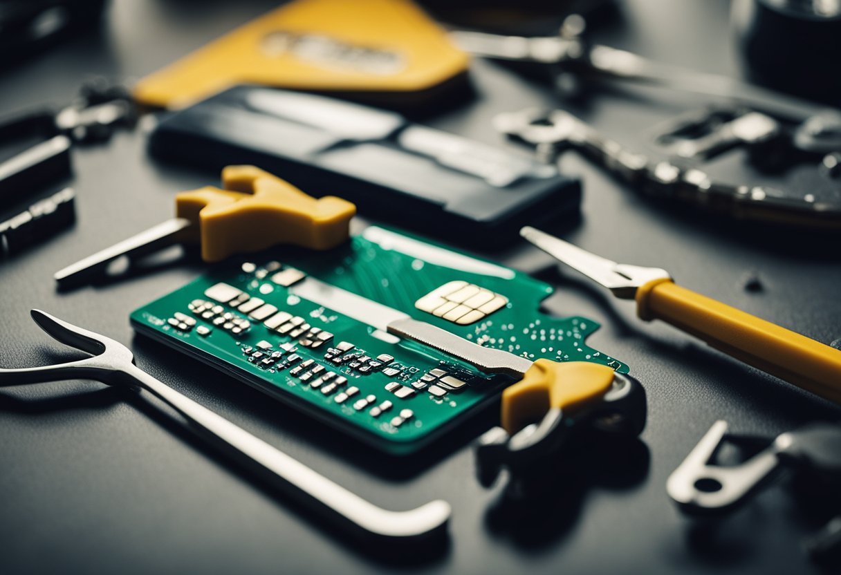 A broken credit card being repaired by a wrench and screwdriver on a workbench. Files and paperwork scattered around