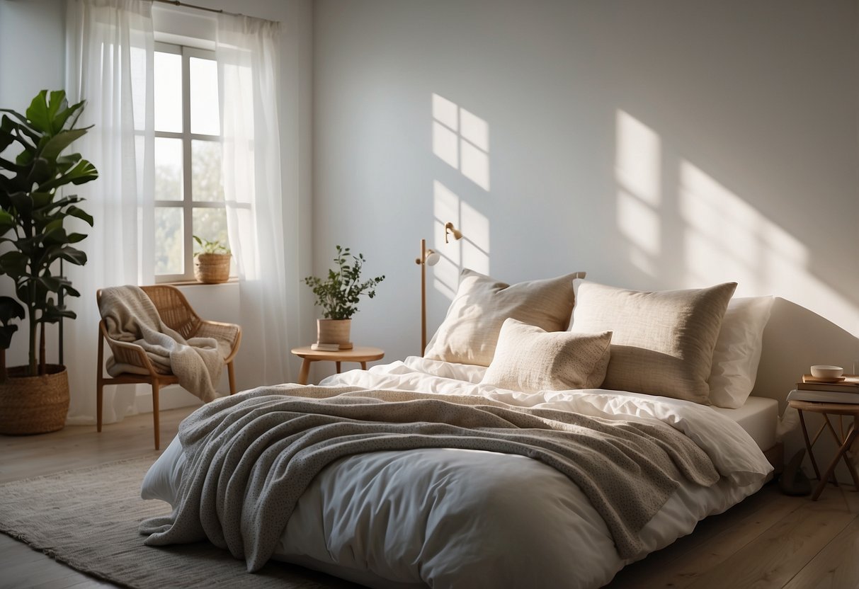 A serene white bedroom with a cozy bed, fluffy pillows, soft blankets, and minimalistic decor. Sunlight streams in through sheer curtains, casting a tranquil glow on the room