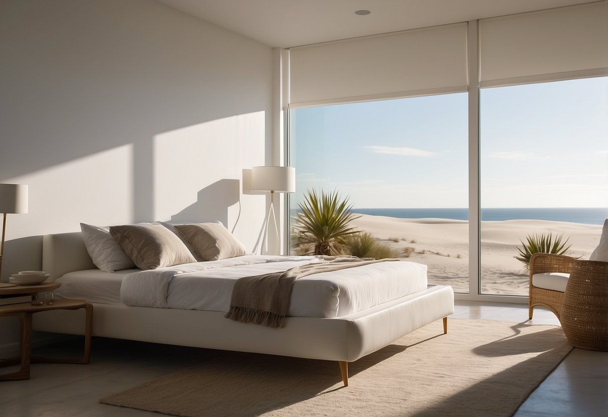 Sunlight streams in through large windows, casting shadows on the sleek white furniture. Sand dunes adorn the walls in a minimalist yet stylish white bedroom