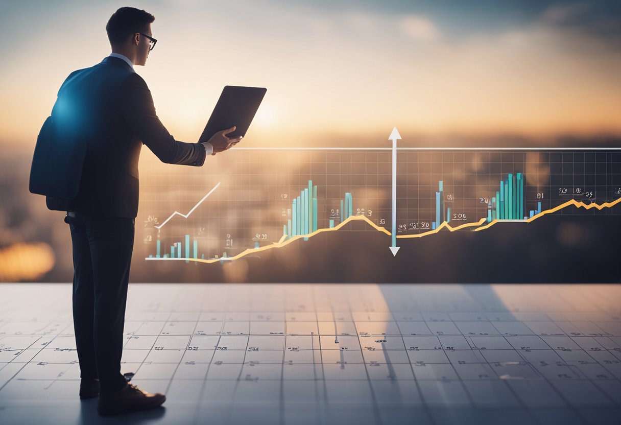 A person's credit score rising as they use credit improvement strategies. On one side, a graph shows an upward trend, while on the other, a checklist of actions is being completed