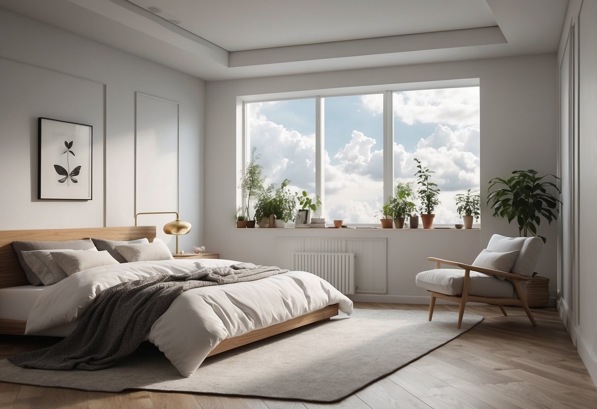 A serene white bedroom with fluffy white clouds adorning the walls and ceiling, creating a dreamy and peaceful atmosphere