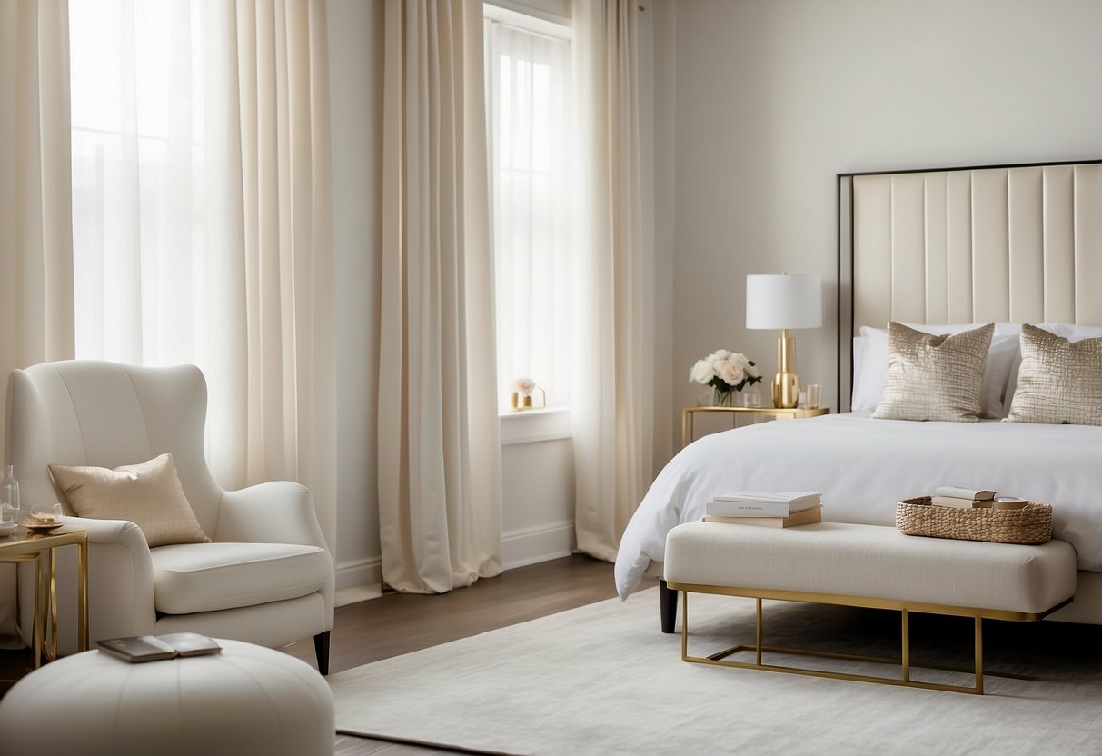 A serene white bedroom with ivory accents. A plush bed with crisp white linens, elegant ivory curtains, and a sleek white dresser. Subtle touches of gold and silver add a touch of luxury