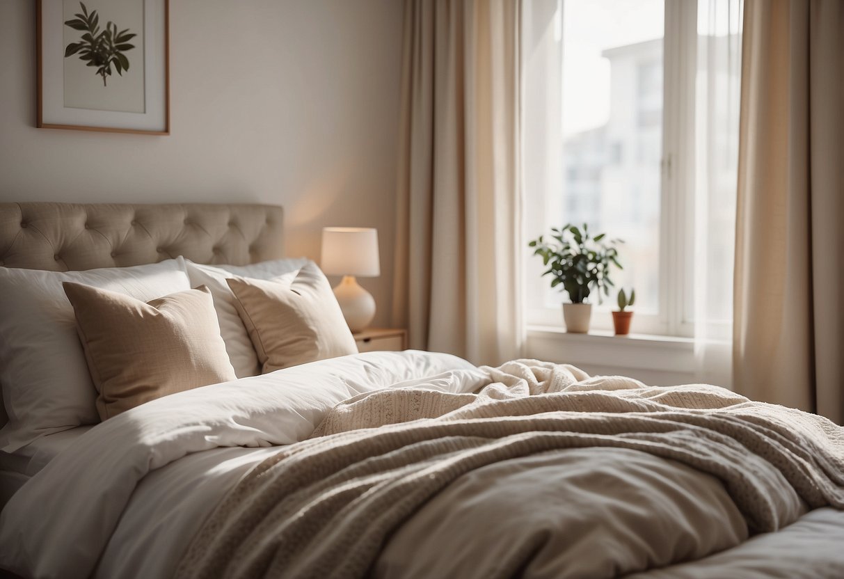 A cozy white bedroom with creamy accents. Soft, plush pillows and blankets adorn the bed. Sunlight streams in through sheer curtains, casting a warm glow