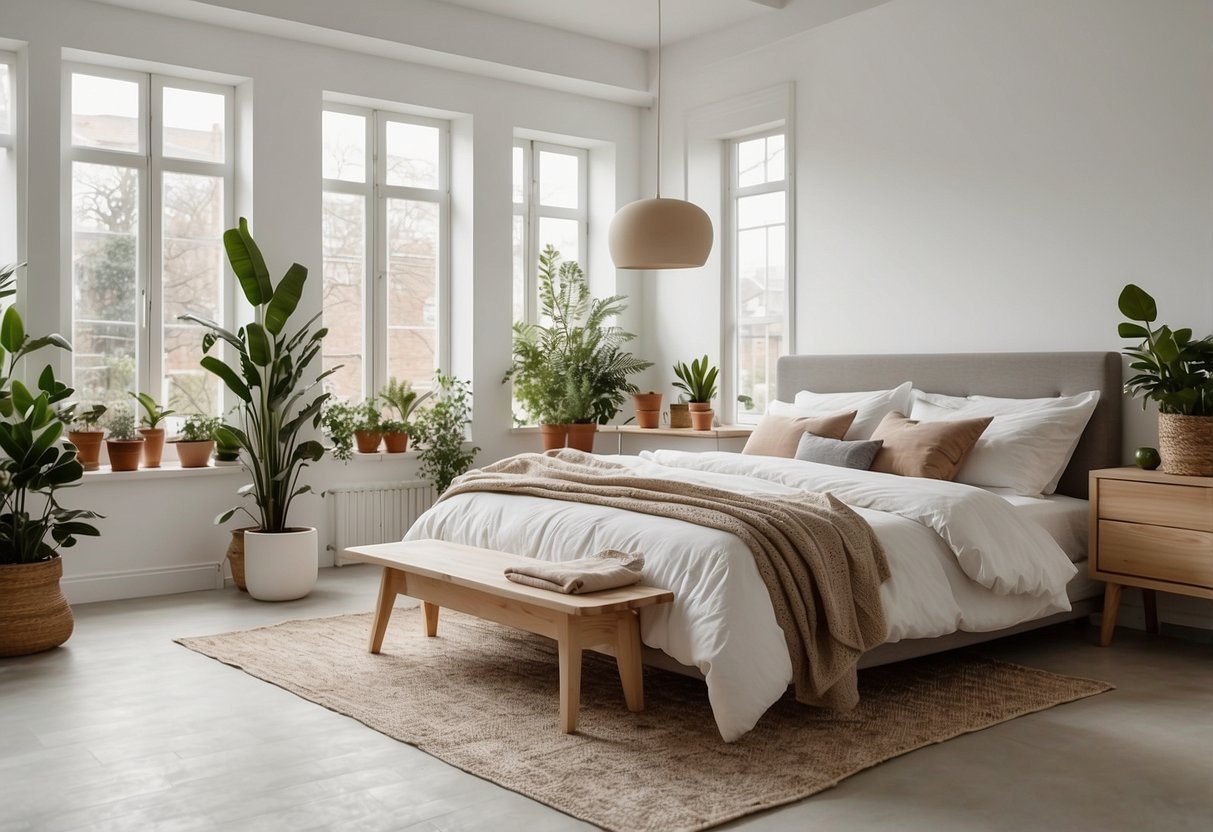 A bright, airy bedroom with white walls and furniture. Large windows let in natural light, while potted plants add a touch of greenery. A cozy bed with soft, neutral bedding invites relaxation