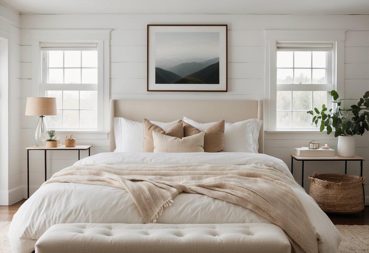 A serene white bedroom with chic shiplap walls, soft bedding, and minimal decor. A cozy sanctuary with natural light and a peaceful ambiance