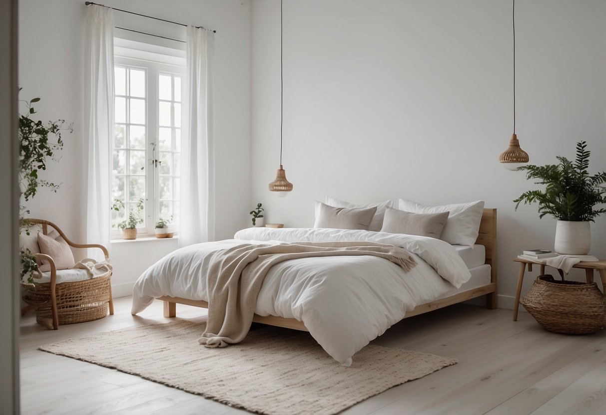 A bright, airy bedroom with white walls and furniture. Soft, chalky textures create a serene atmosphere. Minimalist decor and natural light add to the tranquil ambiance