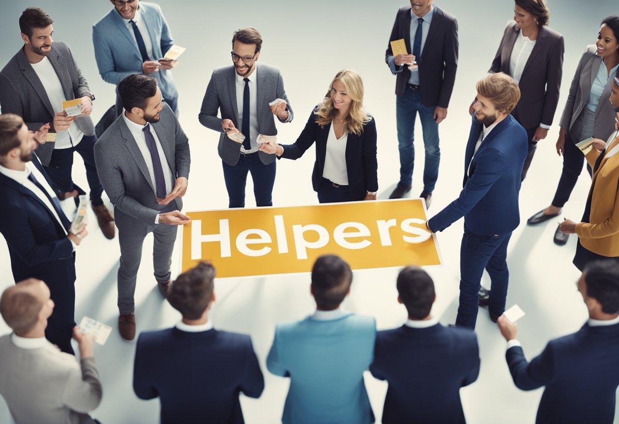 A group of people standing in a circle, exchanging money and credit cards, with a large "helpers" sign in the background