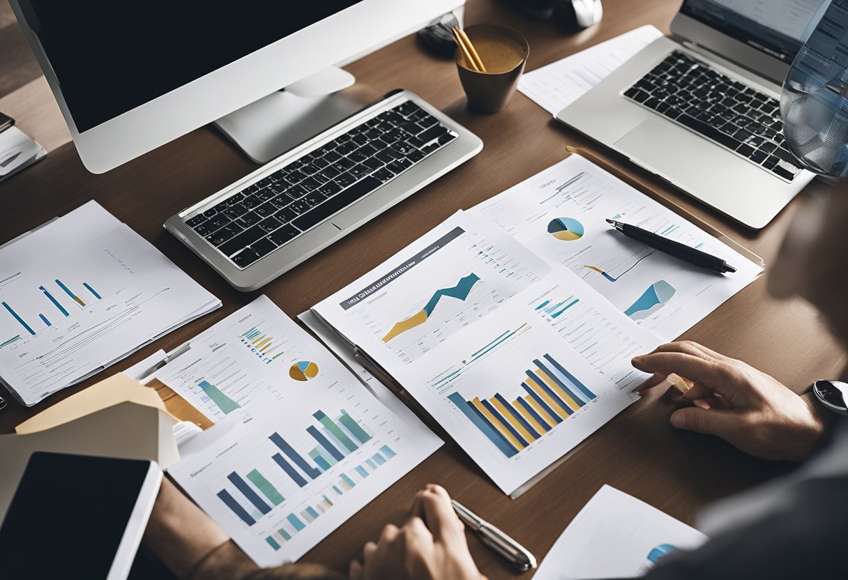 A person sits at a desk, surrounded by paperwork and a computer, carefully analyzing a credit report. Charts and graphs are spread out, showing various financial data