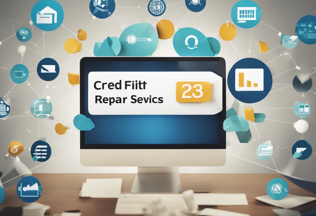 A person selects "Credit Repair Services" from a list of options, with a helpful "Credit Helpers" logo displayed prominently