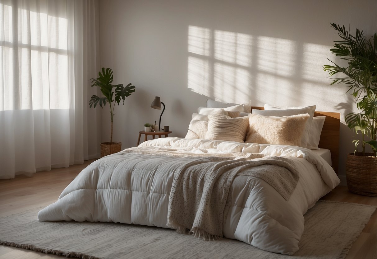 A white bedroom with textured walls, patterned bedding, and a fluffy rug. Sunlight streams in through sheer curtains, casting soft shadows