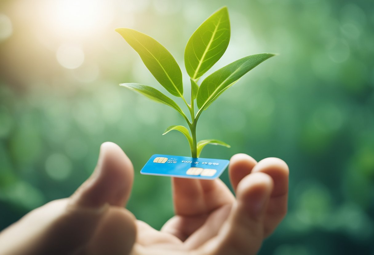 A hand reaching out to grab a growing plant sprouting from a credit card, symbolizing the use of credit for financial growth