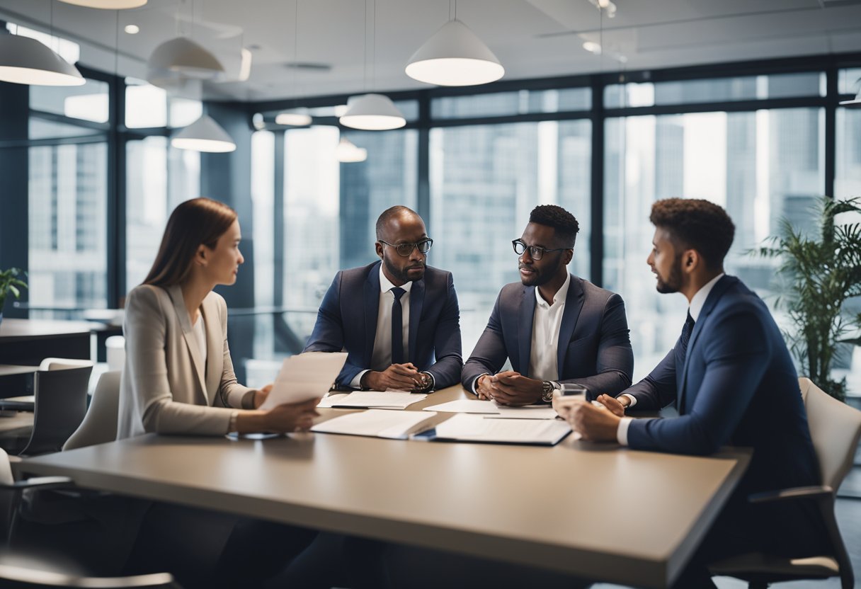 A group of credit specialists reviewing financial documents and discussing strategies in a modern office setting