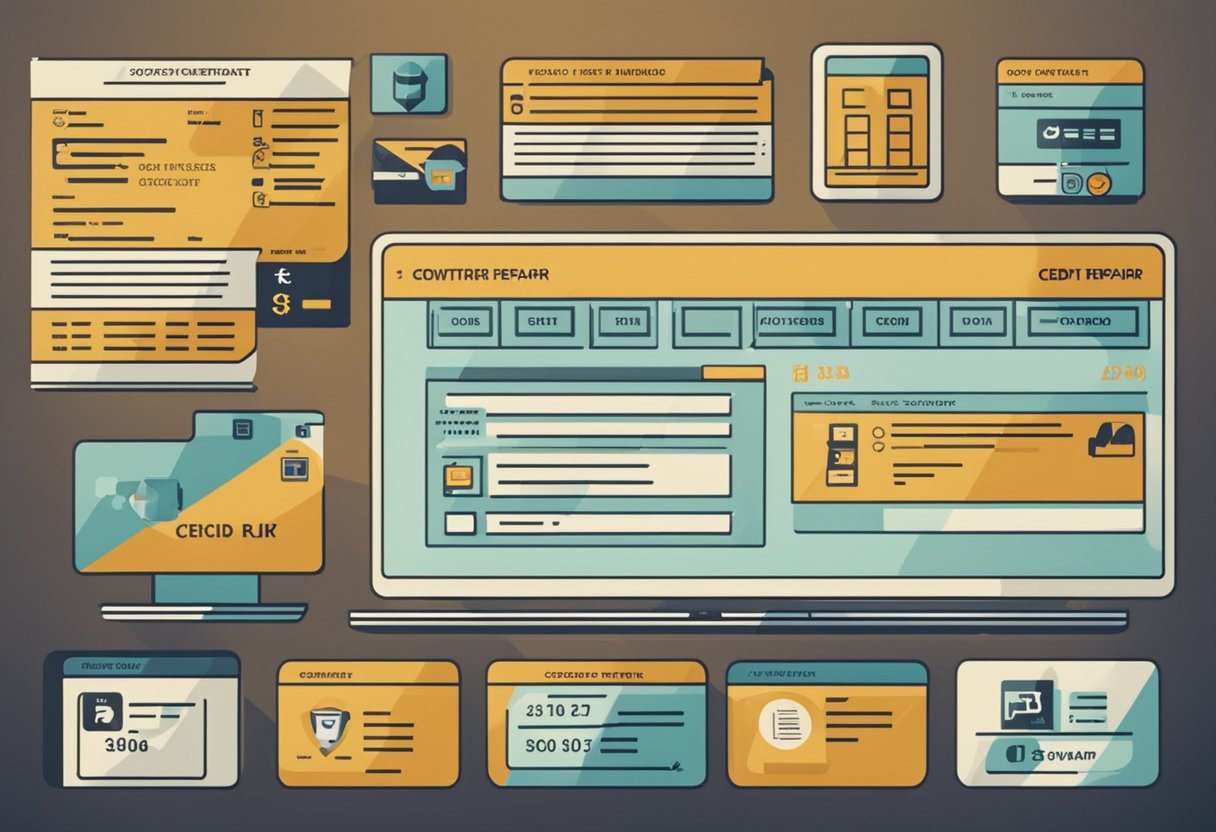 A computer screen displaying a software interface for credit repair, with various options and tools for individuals to improve their credit score