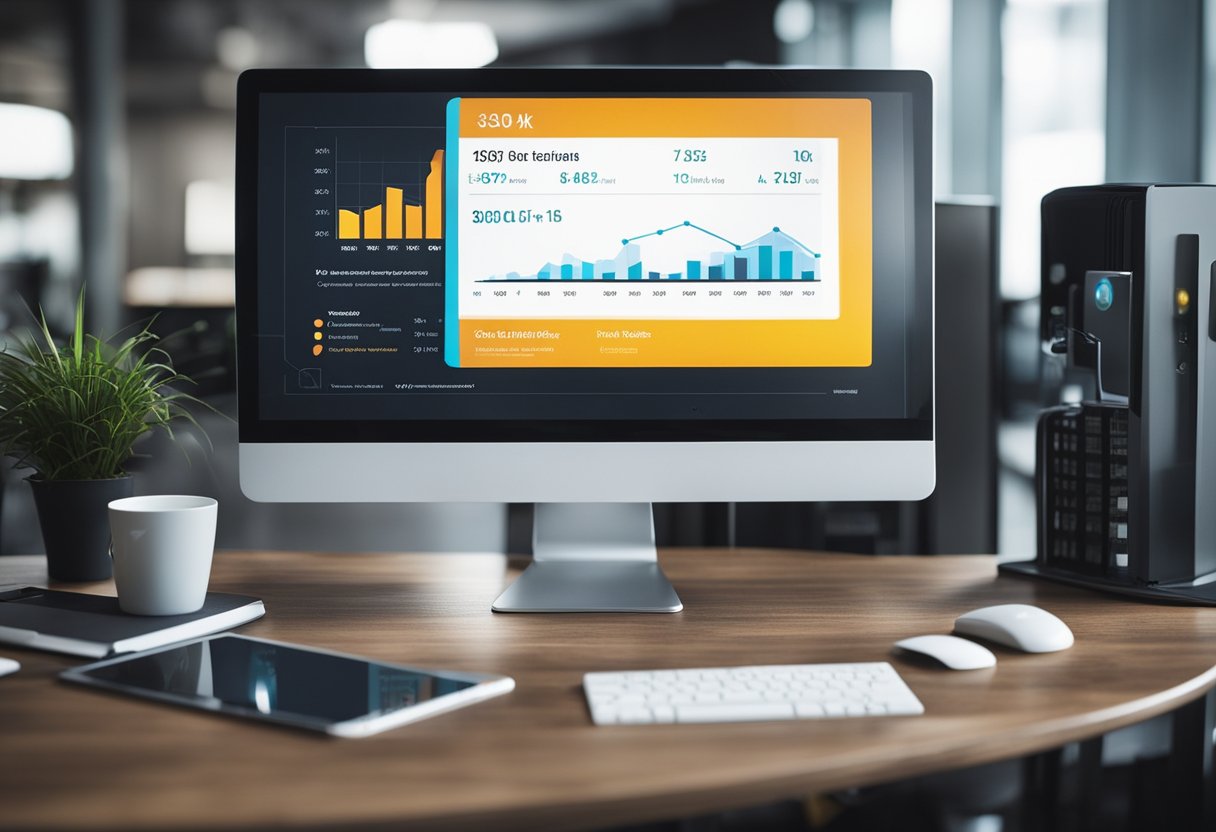 A computer screen displaying a user-friendly interface with various tools for credit repair services. Graphs and charts show progress and improvement