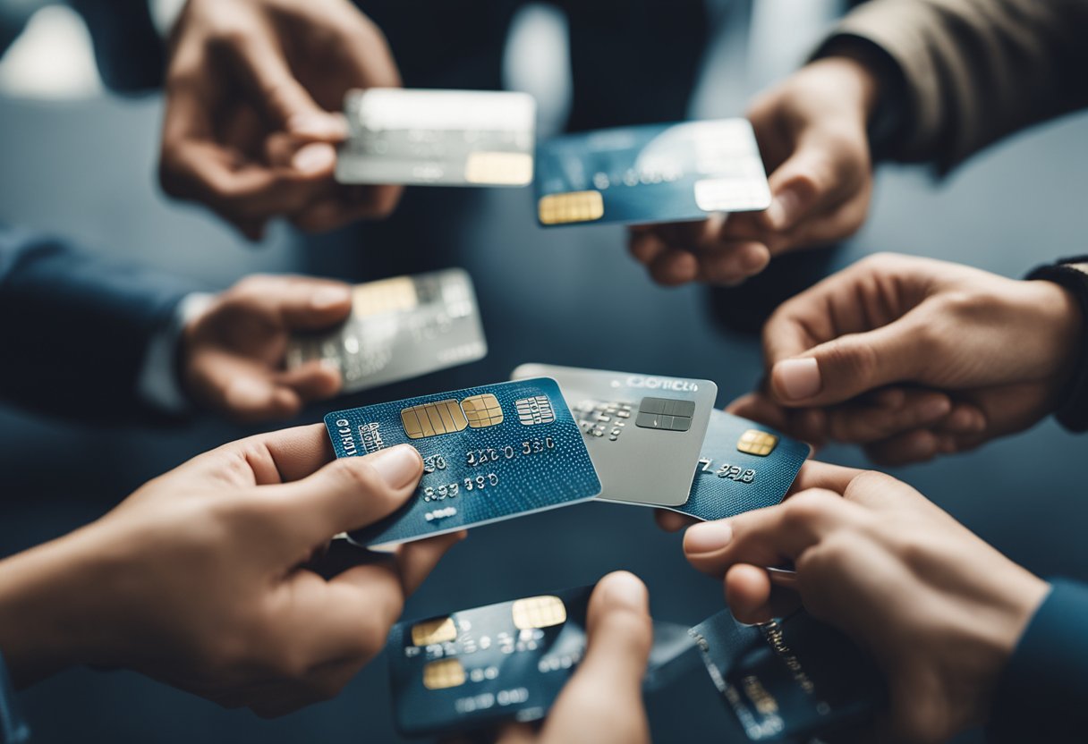 A group of hands holding credit cards, surrounded by broken pieces