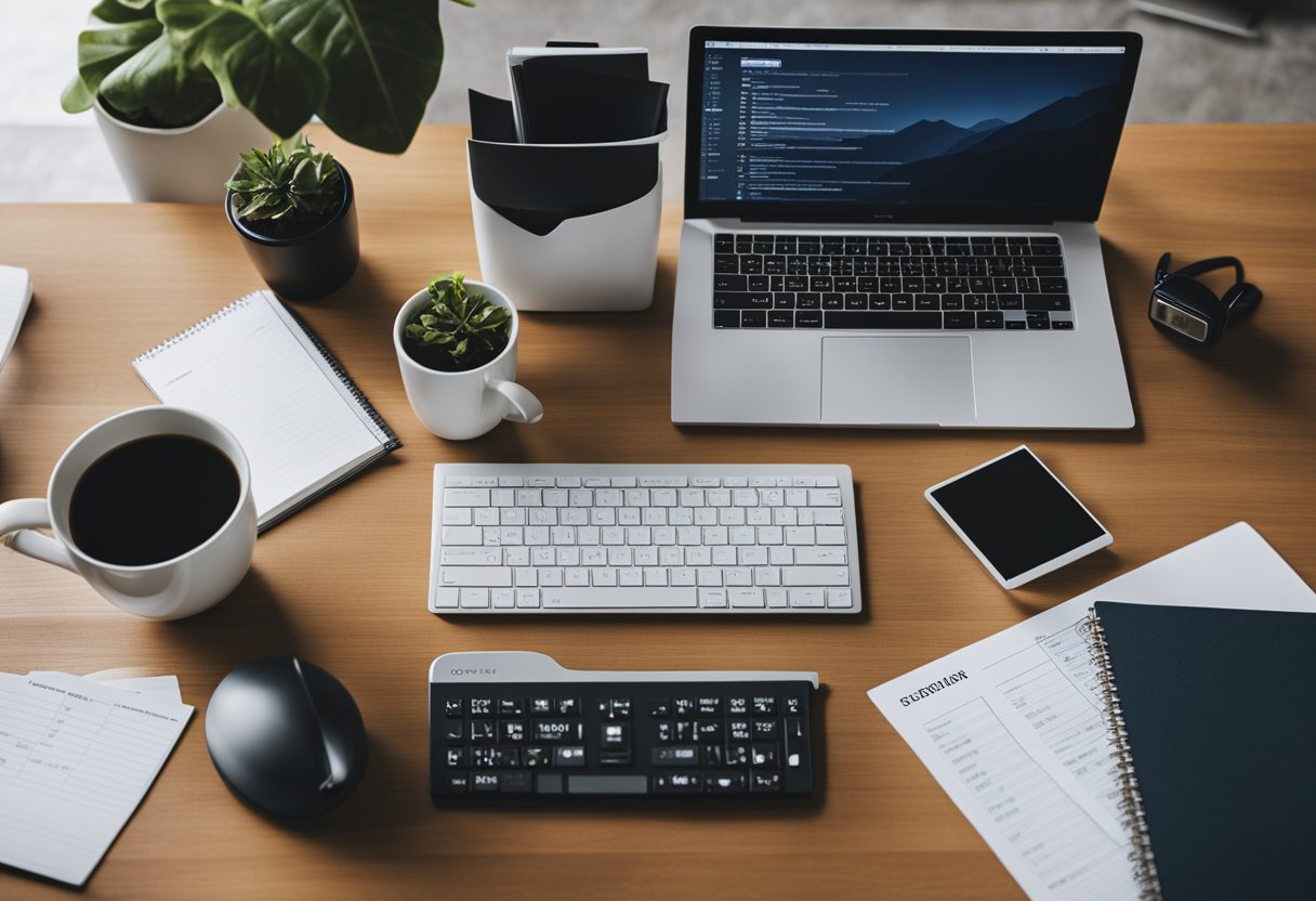 A desk with a computer, financial documents, and a planner. A person researching and organizing their credit repair strategy