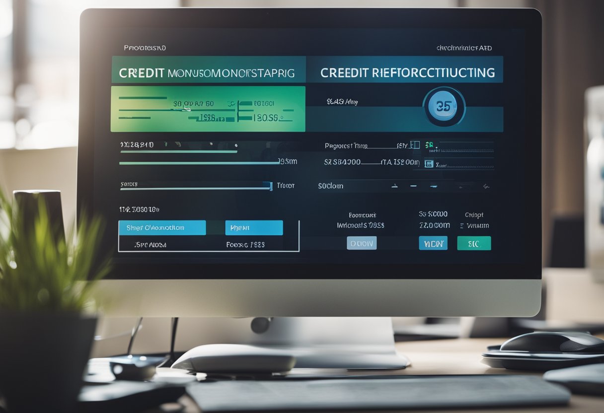 A computer screen displaying credit monitoring software with a progress bar showing post-repair credit reconstruction