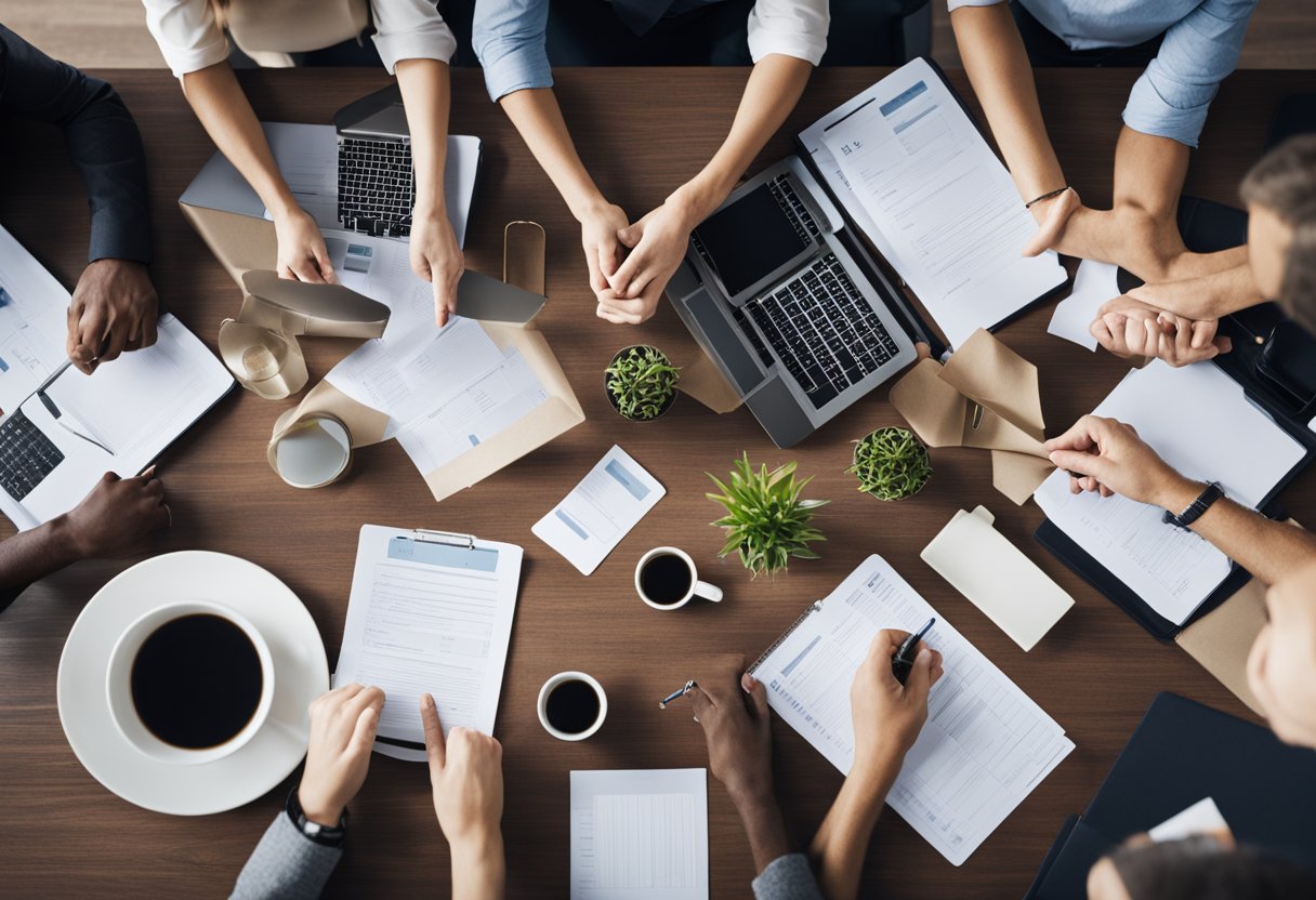 A group of people gather around a table, discussing and exchanging ideas about the Frequently Asked Questions credit reconstruction program. Papers and documents are spread out, with pens and laptops visible