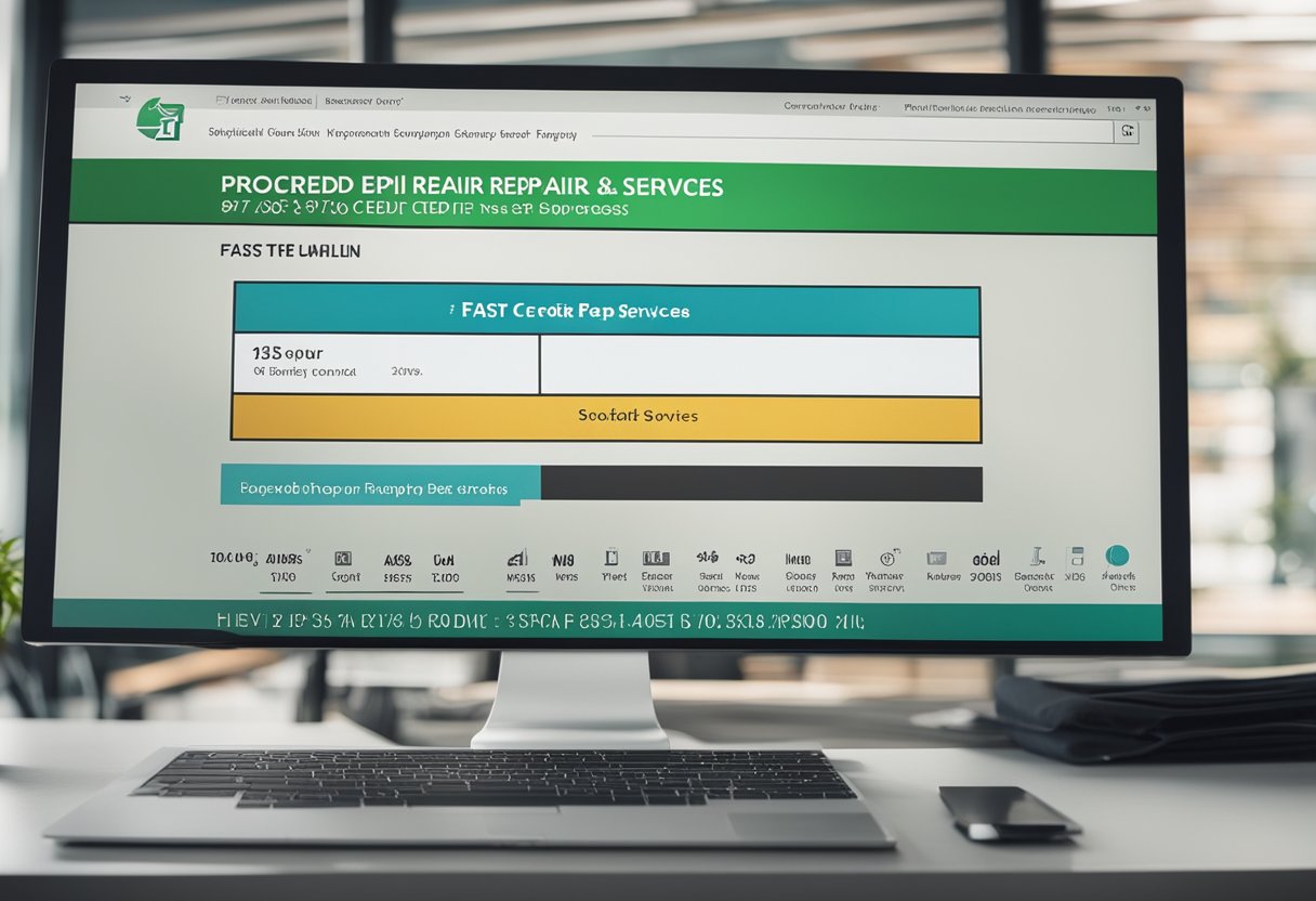 A computer screen displays a progress bar filling rapidly with the words "Fast Credit Repair Services" in bold letters