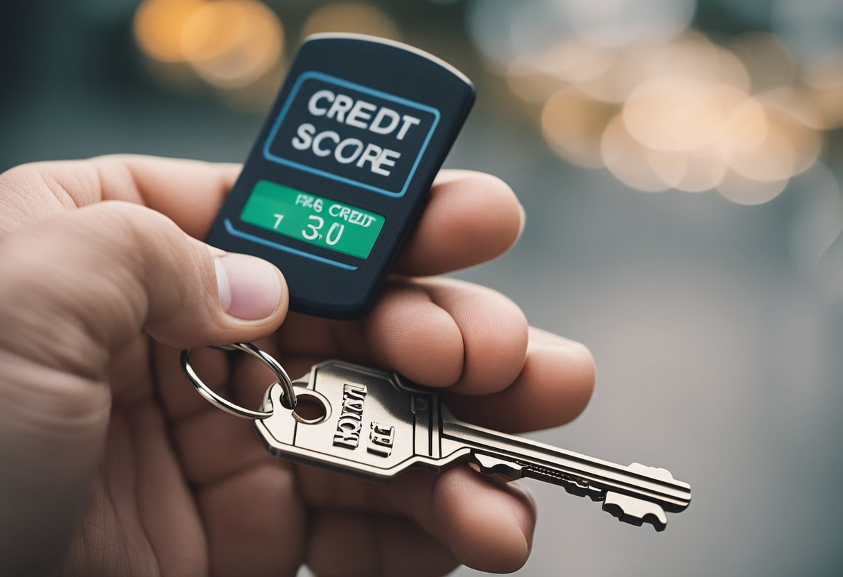 A hand holding a key with a broken credit score on one side and a repaired credit score on the other, symbolizing fast credit repair services