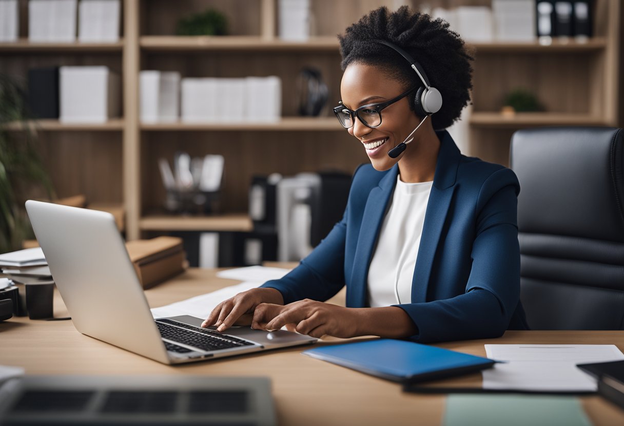 A customer service representative assists a client with fast credit repair services over the phone, surrounded by resources and support materials