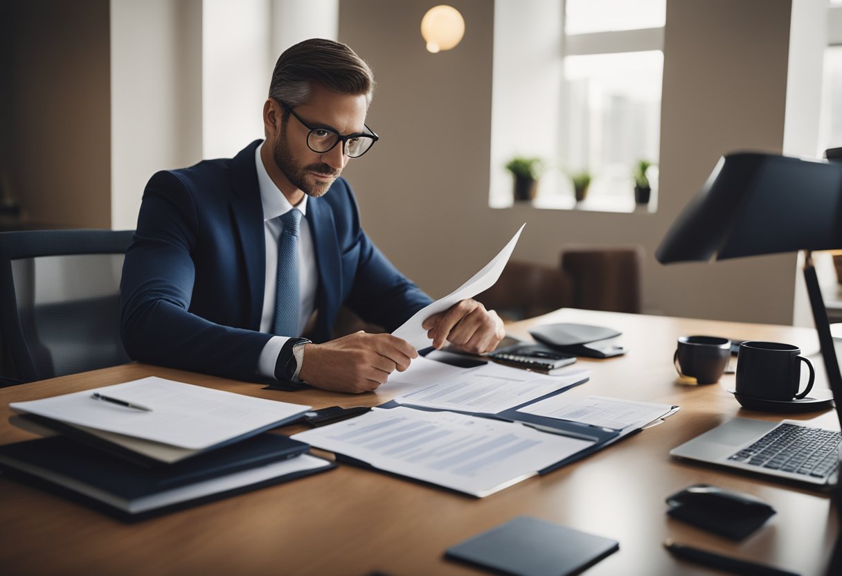 A credit score consultant reviewing financial documents at a desk