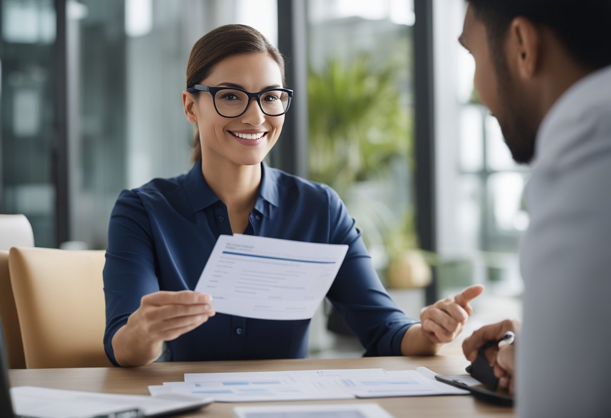 A consultant explains credit counseling to a client, using visual aids and charts to illustrate credit score improvement