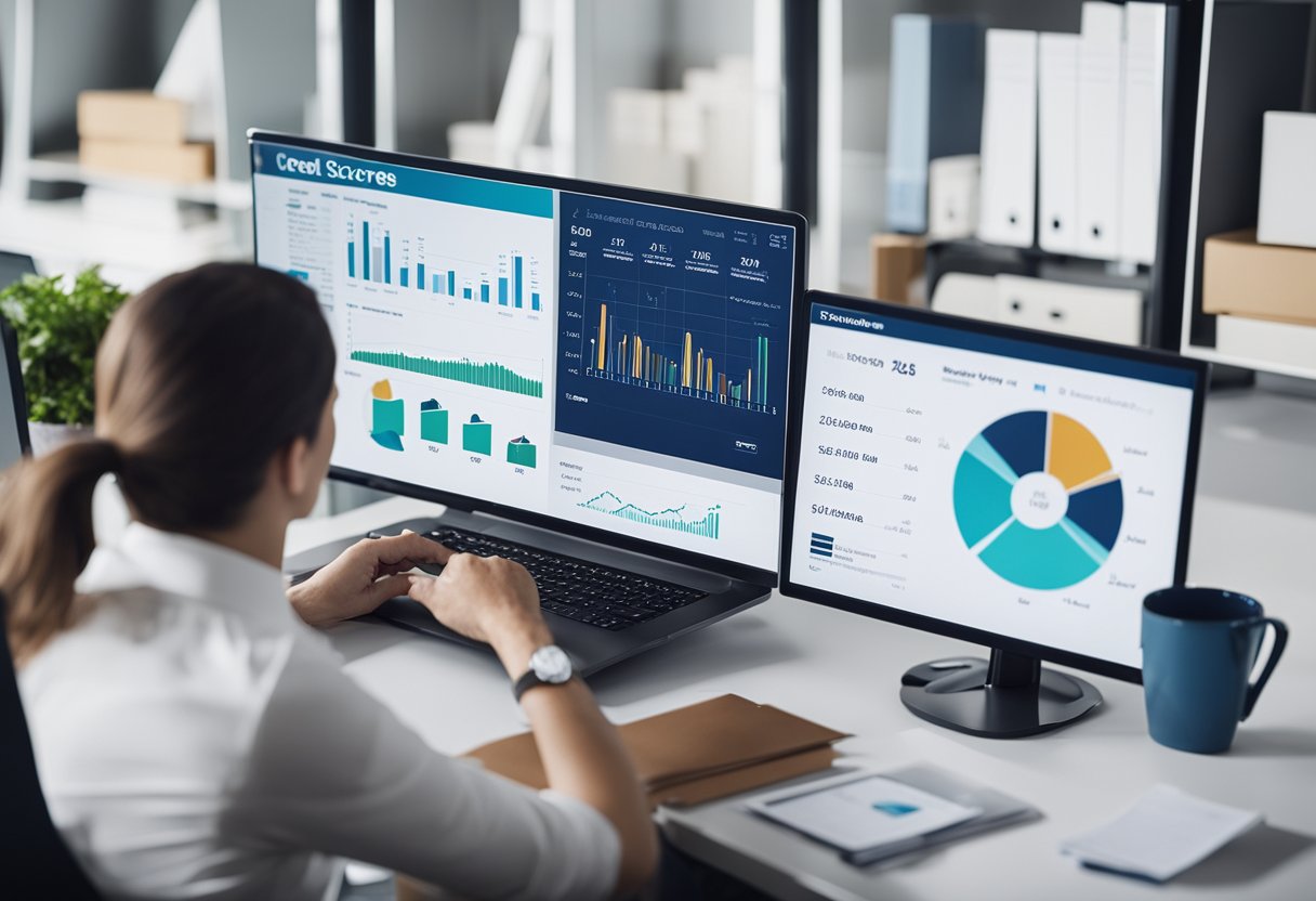 A consultant explains credit scores and budgeting to a client in an office setting with charts and graphs on a computer screen