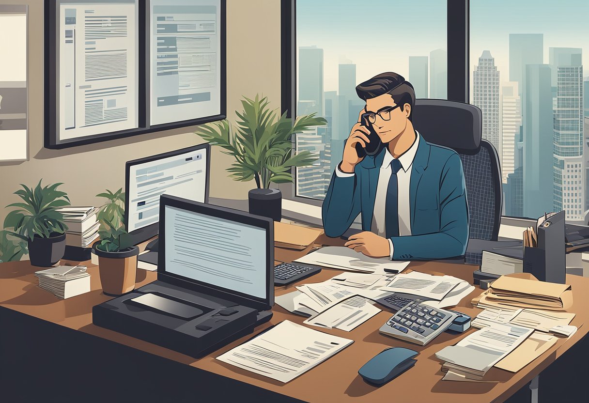 A person sits at a desk, surrounded by paperwork and a computer, while speaking on the phone with a credit counseling agency. They appear focused and determined to improve their financial situation