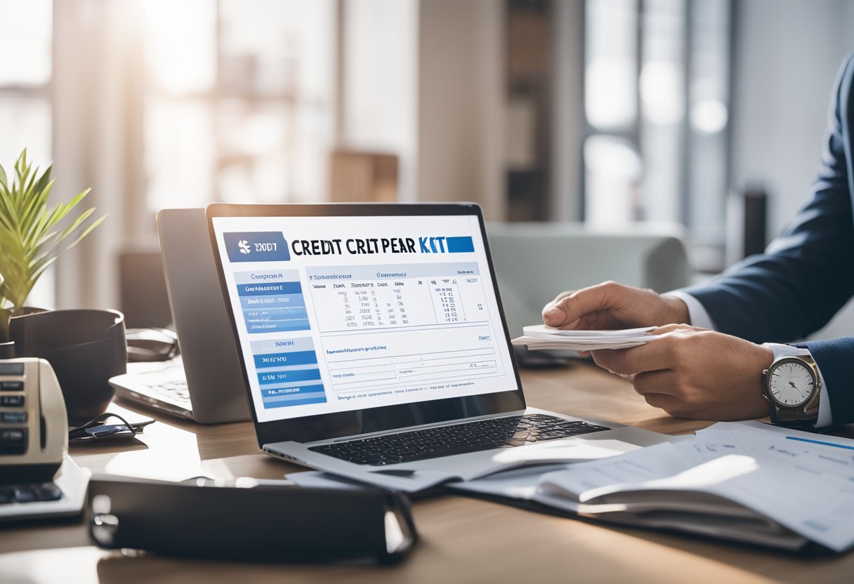 A person holding a DIY credit repair kit, surrounded by financial documents and a laptop, with a progress chart showing an increasing credit score