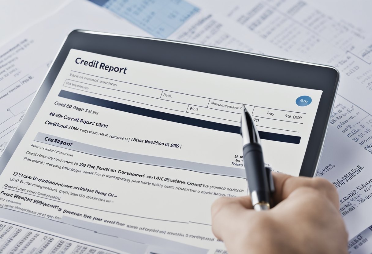 A laptop displaying a credit report with a low score. A hand holding a pen ready to sign up for credit repair solutions