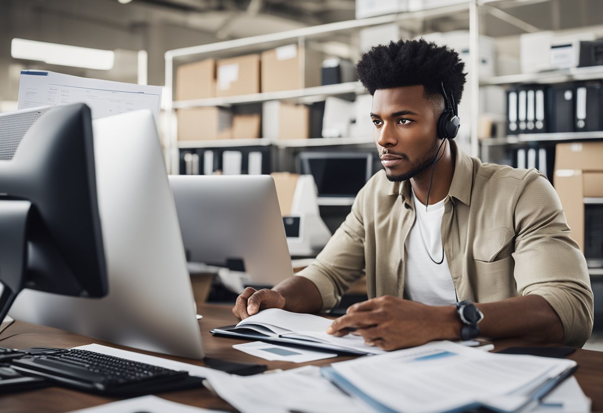 A person sitting at a desk, surrounded by paperwork and a computer, with a determined expression while researching and comparing different credit repair services