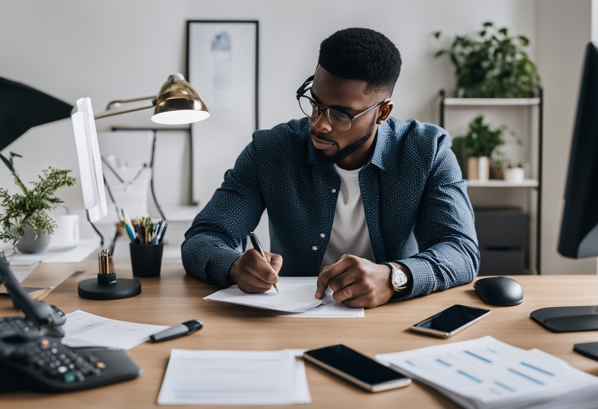 A person sitting at a desk, surrounded by papers, a computer, and a phone. They are using a pen to mark items on a credit report while referencing a list of DIY credit repair techniques