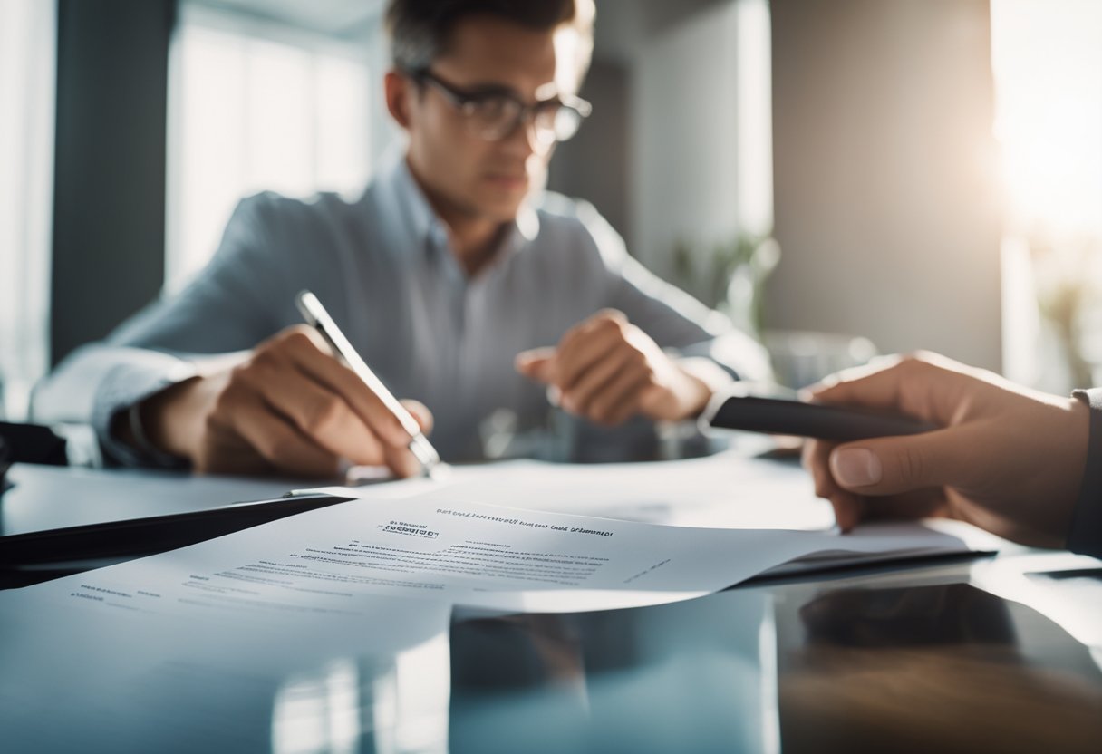 A person carefully examines a contract while a shady figure lurks in the background, offering quick credit repair solutions