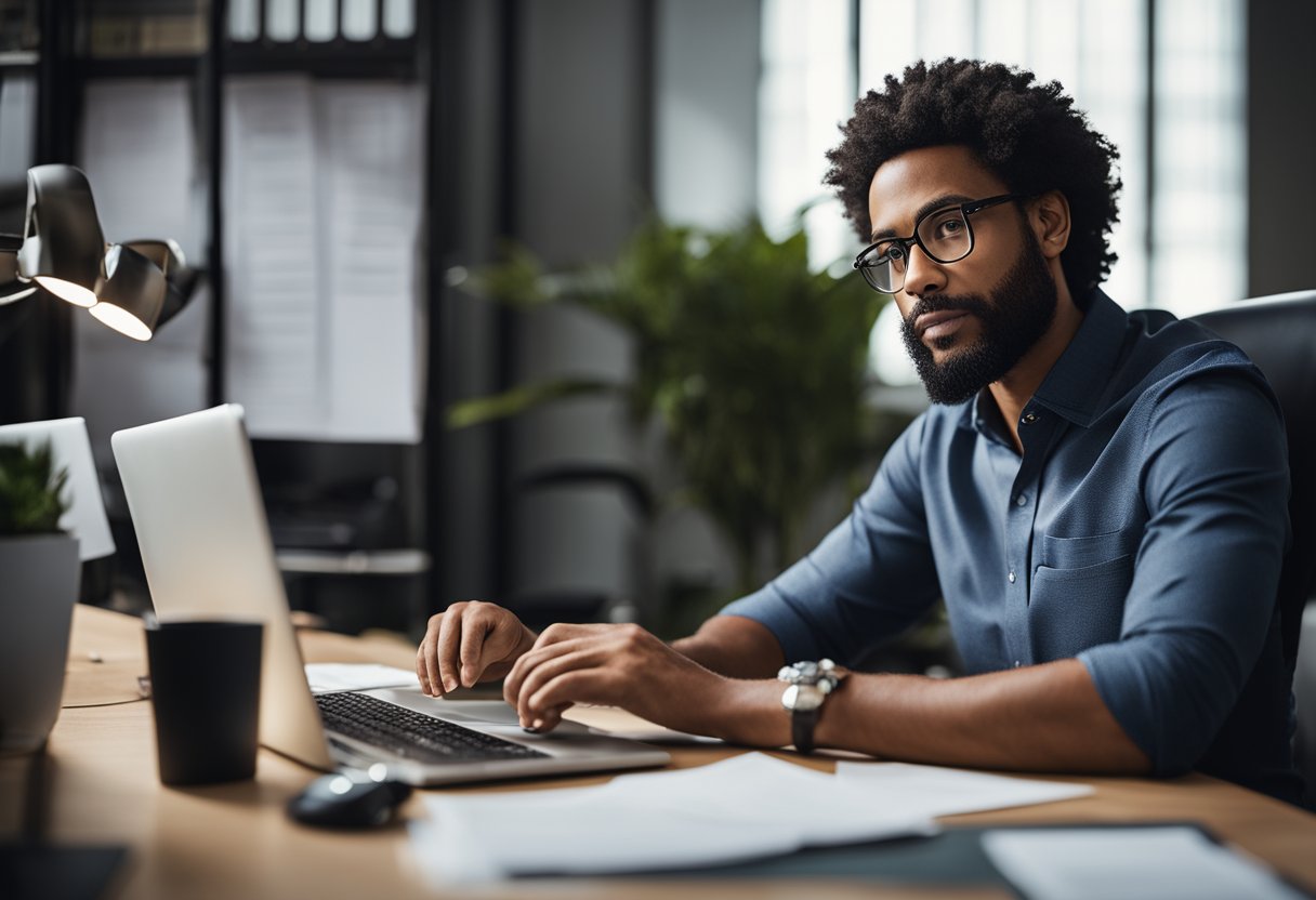 A person sitting at a desk, surrounded by papers and a computer, with a thoughtful expression as they research credit repair solutions