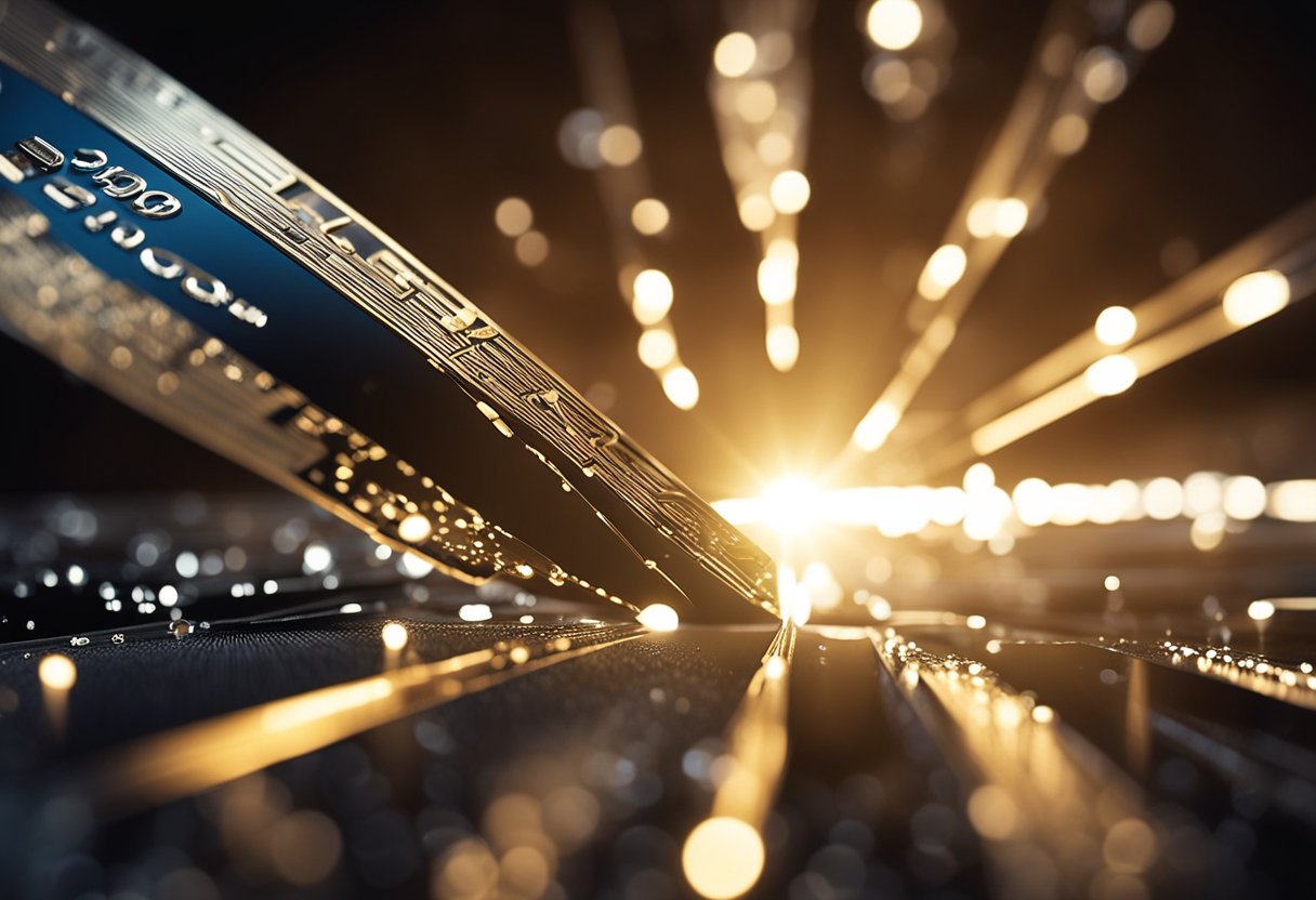 A broken credit card being pieced back together, surrounded by shining rays of light, symbolizing the credit repair process