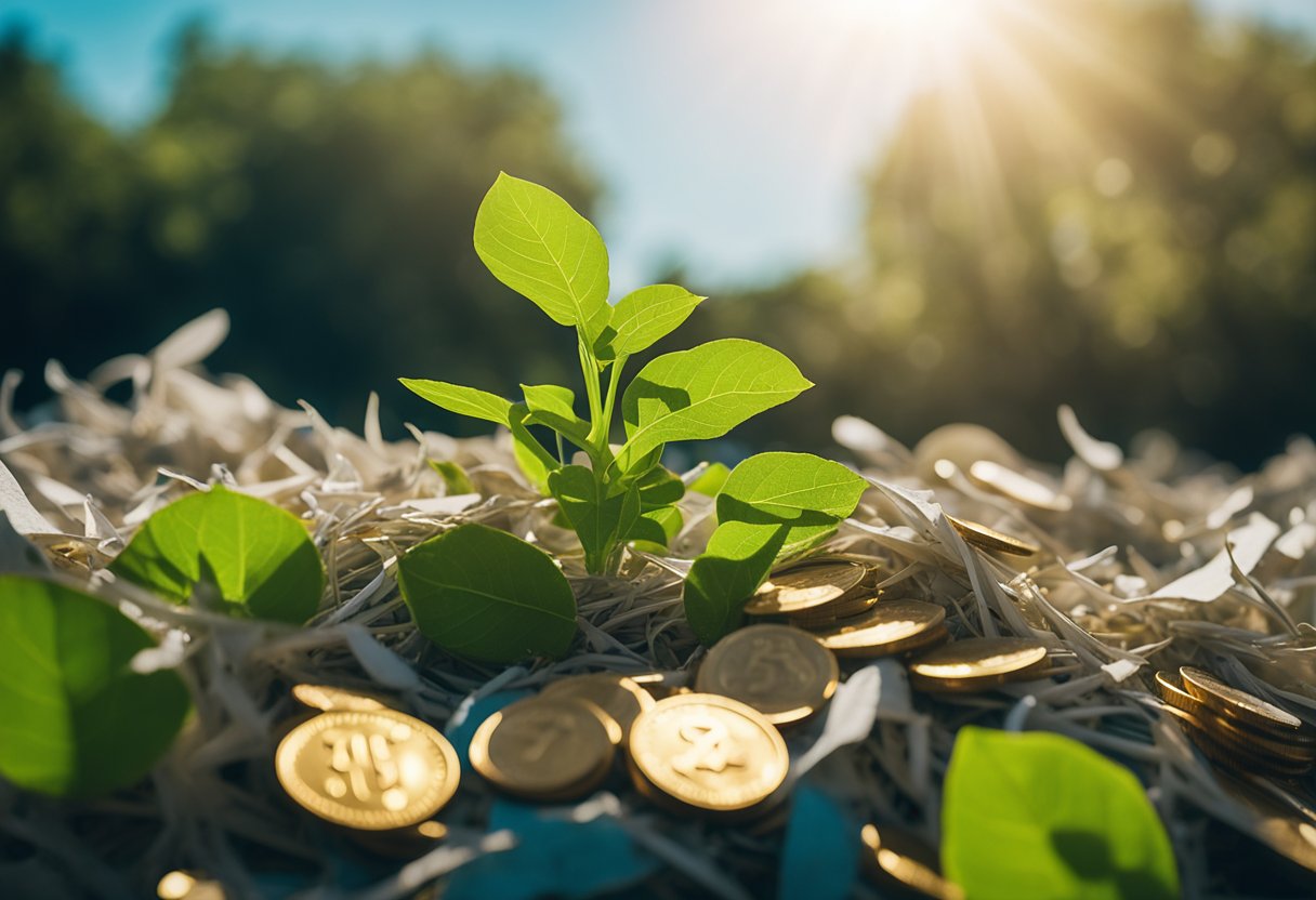 A vibrant green plant growing from a pile of shredded paper, surrounded by shining gold coins and a clear blue sky in the background