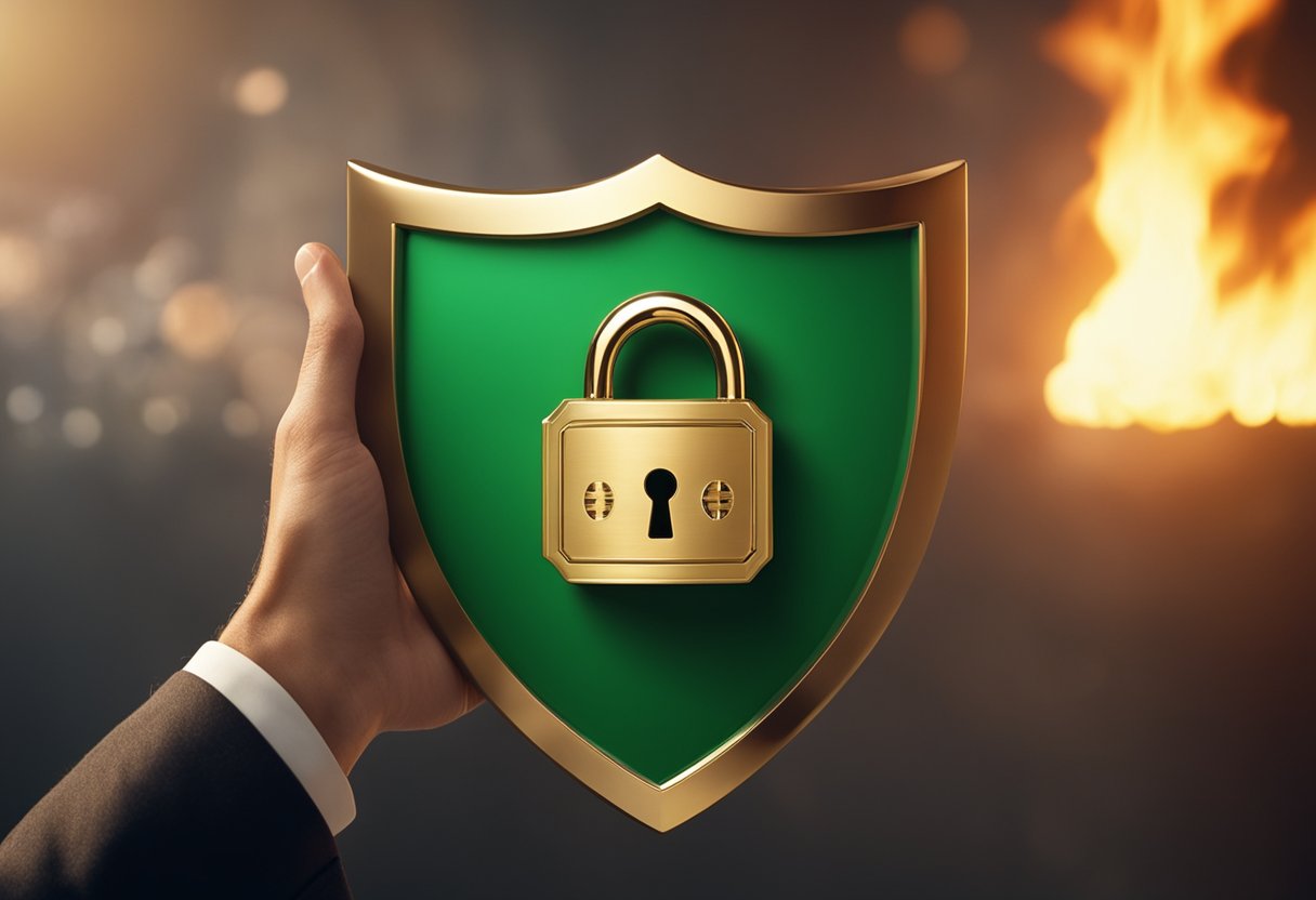 A shield with a lock symbol, surrounded by a wall of fire, while a hand holds a credit report with a green checkmark