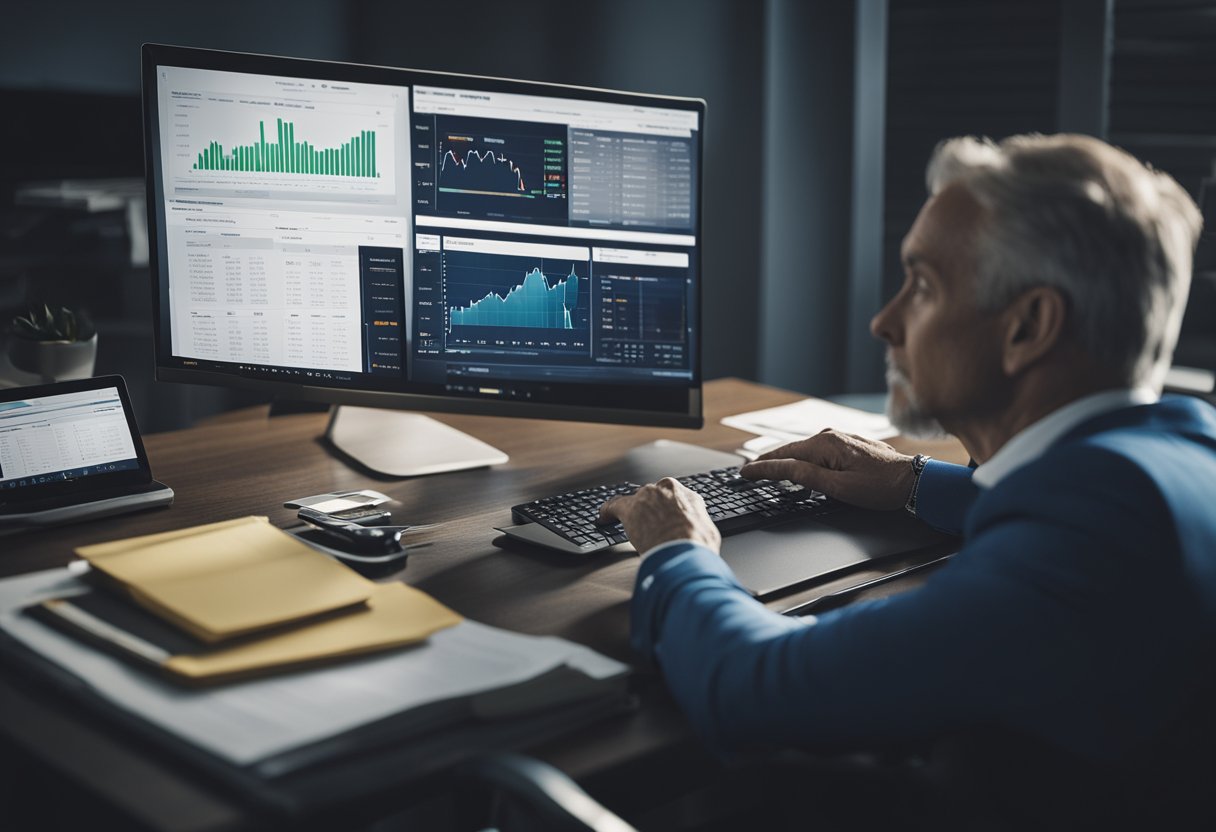 A credit repair expert sits at a desk, reviewing financial documents with a focused expression. A computer screen displays credit reports and charts