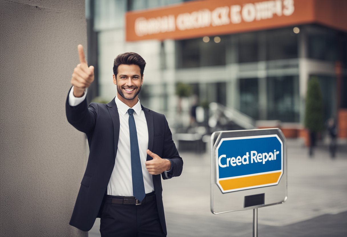 A person pointing to a sign advertising "Credit Repair Company" with a confident expression