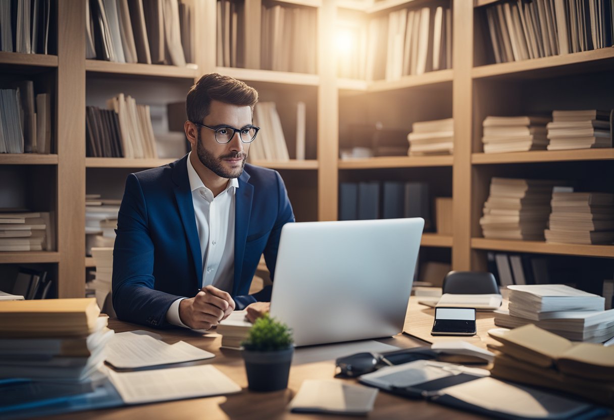 An expert surrounded by books, charts, and a computer, analyzing credit reports and developing advanced strategies for credit repair